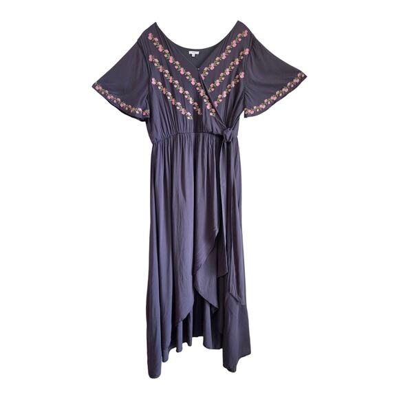 JODIFL Women's Plus 1X Dress V-Neck Embroidered Gray Pink Faux Wrap Hi Low Hem - Picture 2 of 8